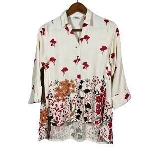 Max Half Button Mod Floral Print Tunic Tan Pink Red Hi Lo Hem - M